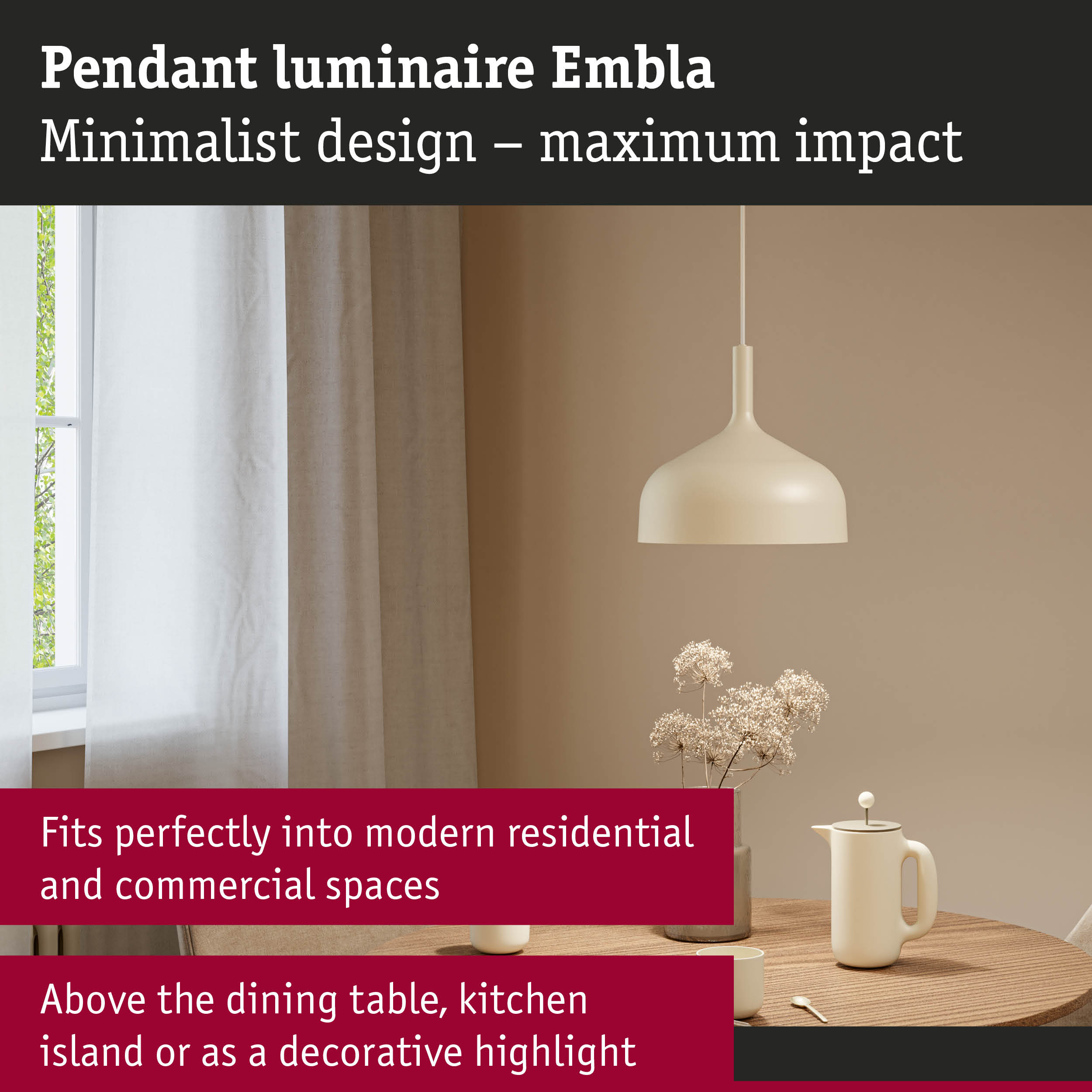 Minimalist Embla pendant light in cream white, ideal for modern residential and commercial spaces