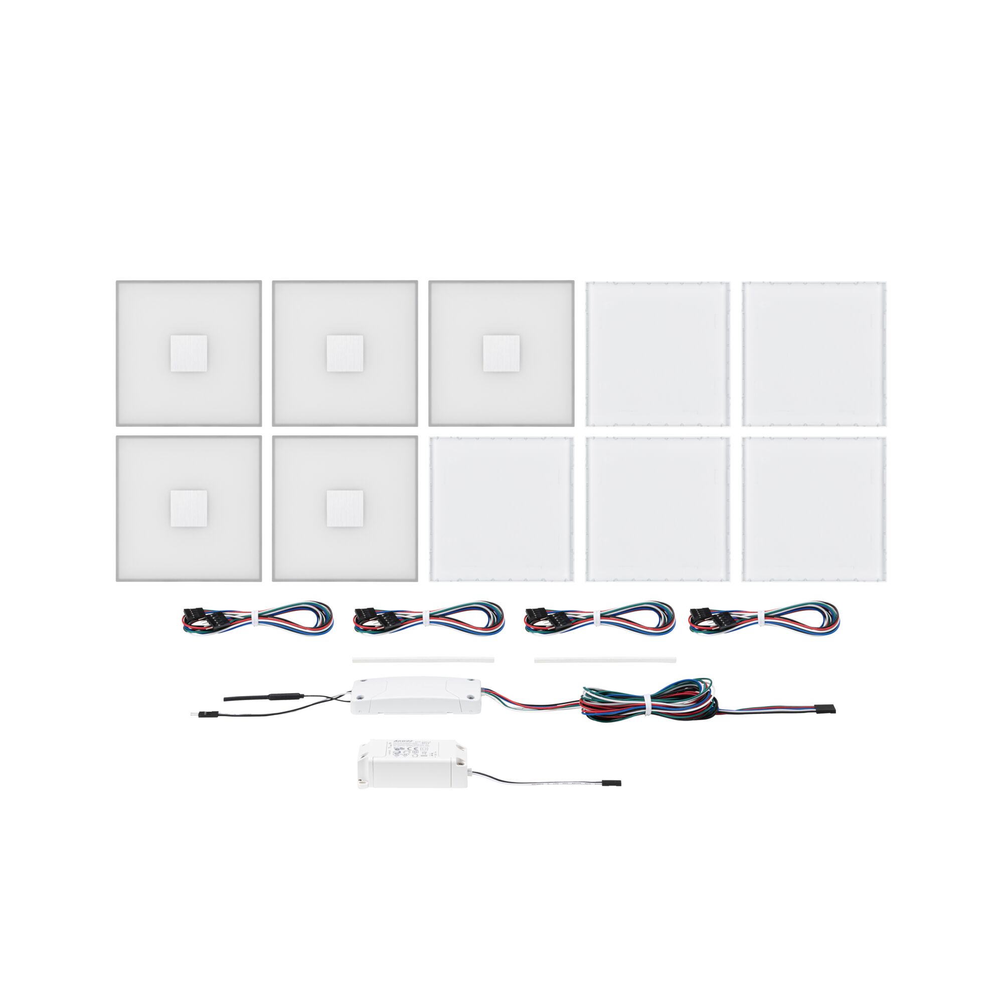Set mit weißen quadratischen LED-Modulen und Kabeln aus Kunststoff für flexible Lichtgestaltung