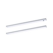 Zwei schmale LED-Unterbauleuchten aus silbernem Aluminium mit weißem Diffusor für Küchenbeleuchtung