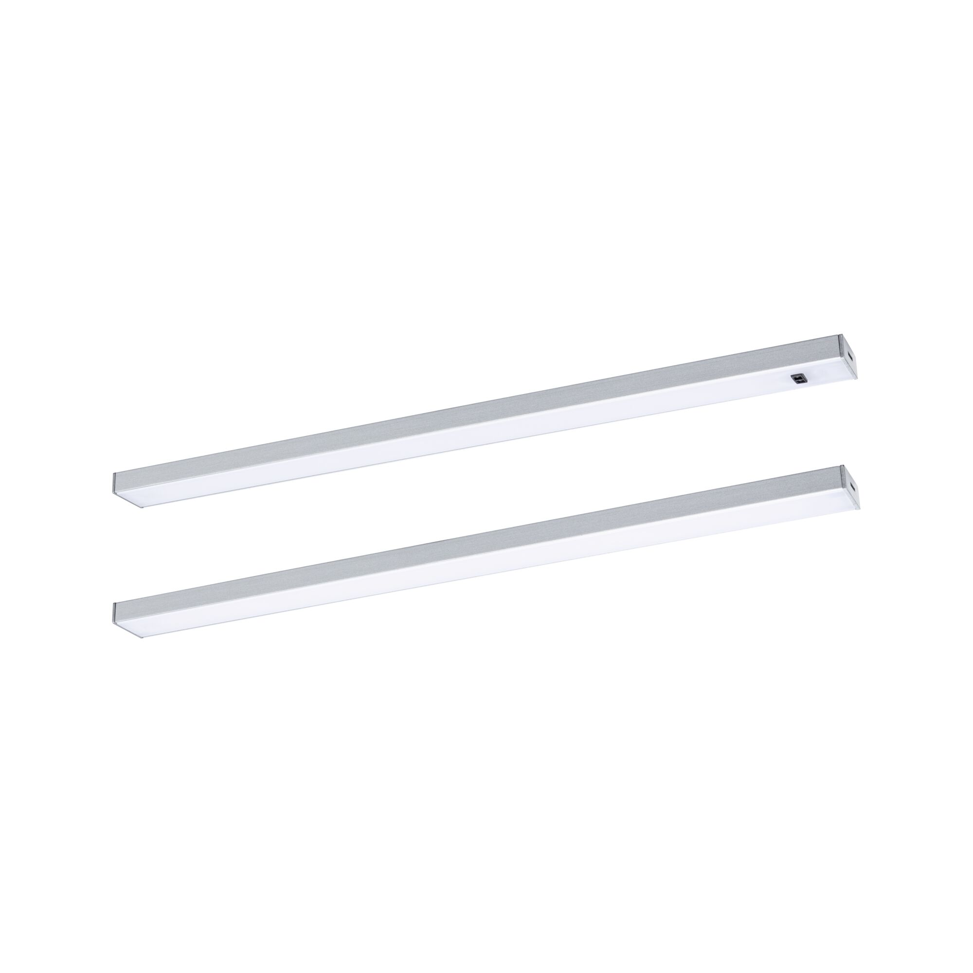 Zwei schmale LED-Unterbauleuchten aus silbernem Aluminium mit weißem Diffusor für Küchenbeleuchtung