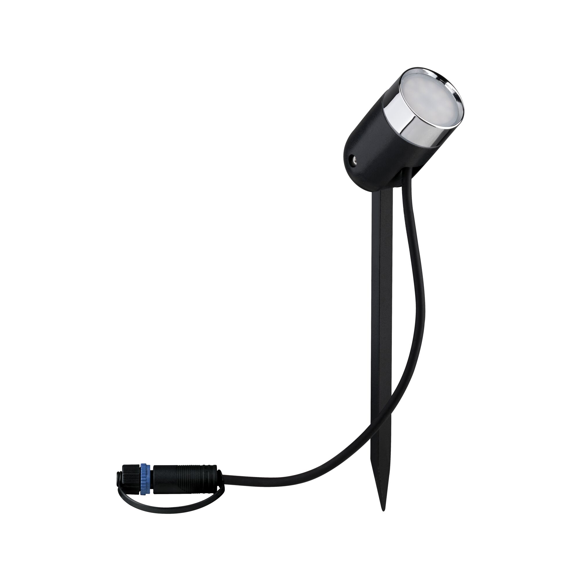 Zwarte LED-tuinschijnwerper met grondpin en zilveren reflector voor buitenverlichting