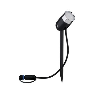 Zwarte LED-tuinschijnwerper met grondpin en zilveren reflector voor buitenverlichting