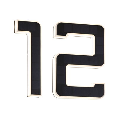 Modern black solar house number 12 with white LED light for outdoor lighting and address display.