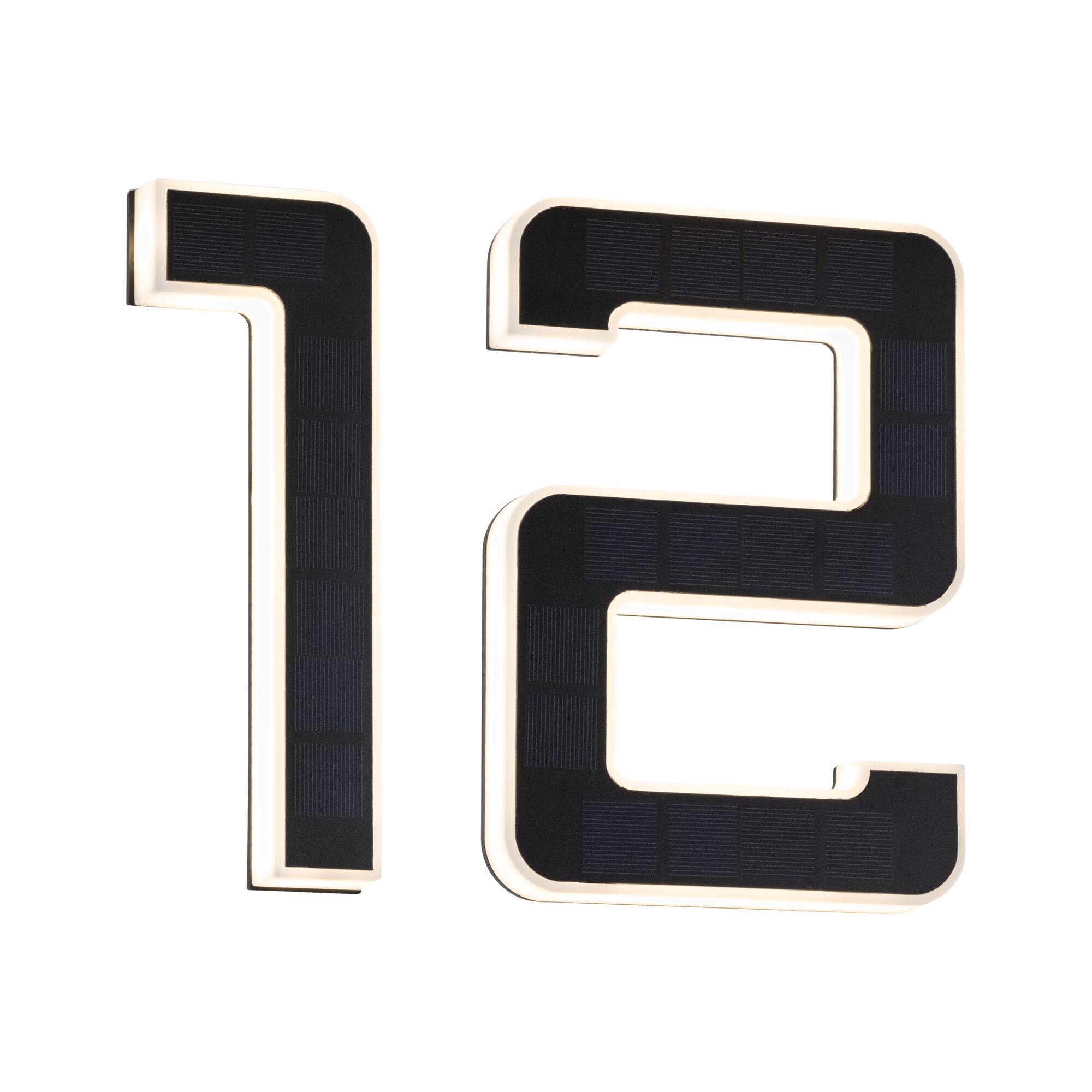 Modern black solar house number 12 with white LED light for outdoor lighting and address display.