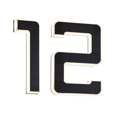 Modern black solar house number 12 with white LED light for outdoor lighting and address display.
