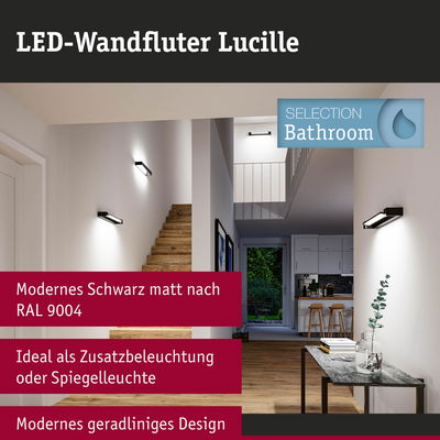 LED-Wandfluter Lucille in mattem Schwarz mit geradlinigem Design, ideal als Badspiegelleuchte oder Zusatzlicht