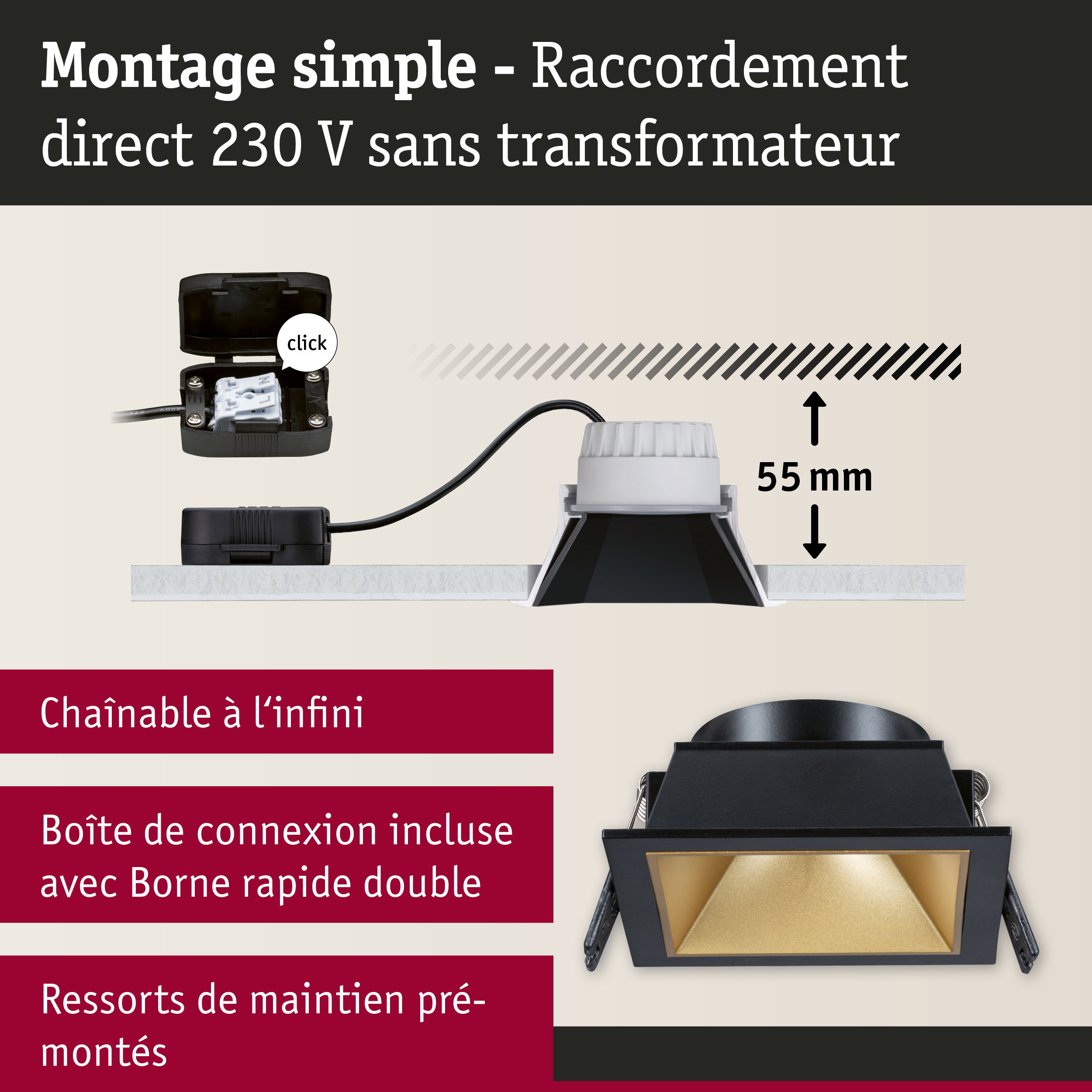 Spot encastré carré noir avec intérieur doré et profondeur d'installation de 55 mm