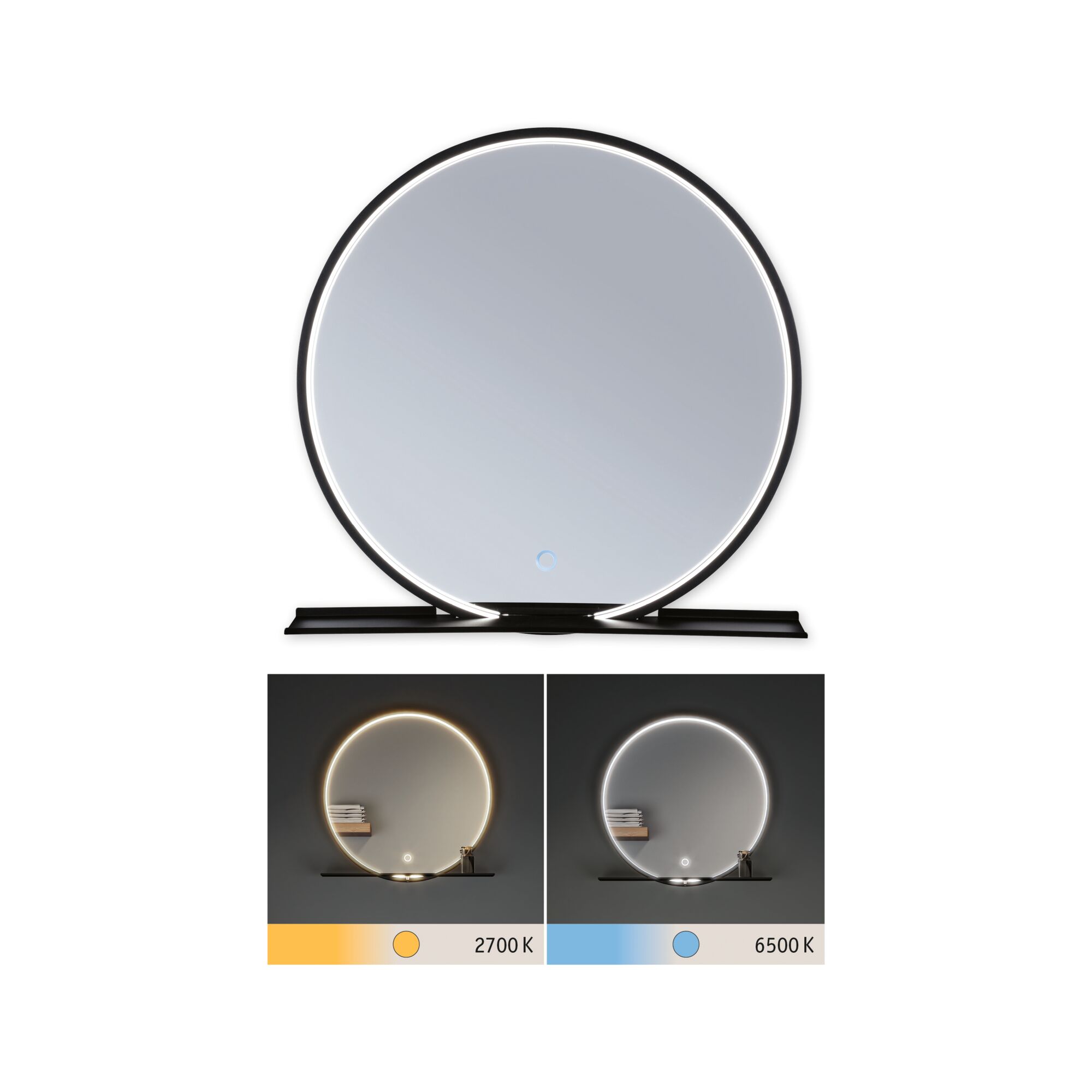 Ronde LED-spiegel met zwarte rand en instelbare lichtkleur van 2700K tot 6500K voor badkamer en kaptafel