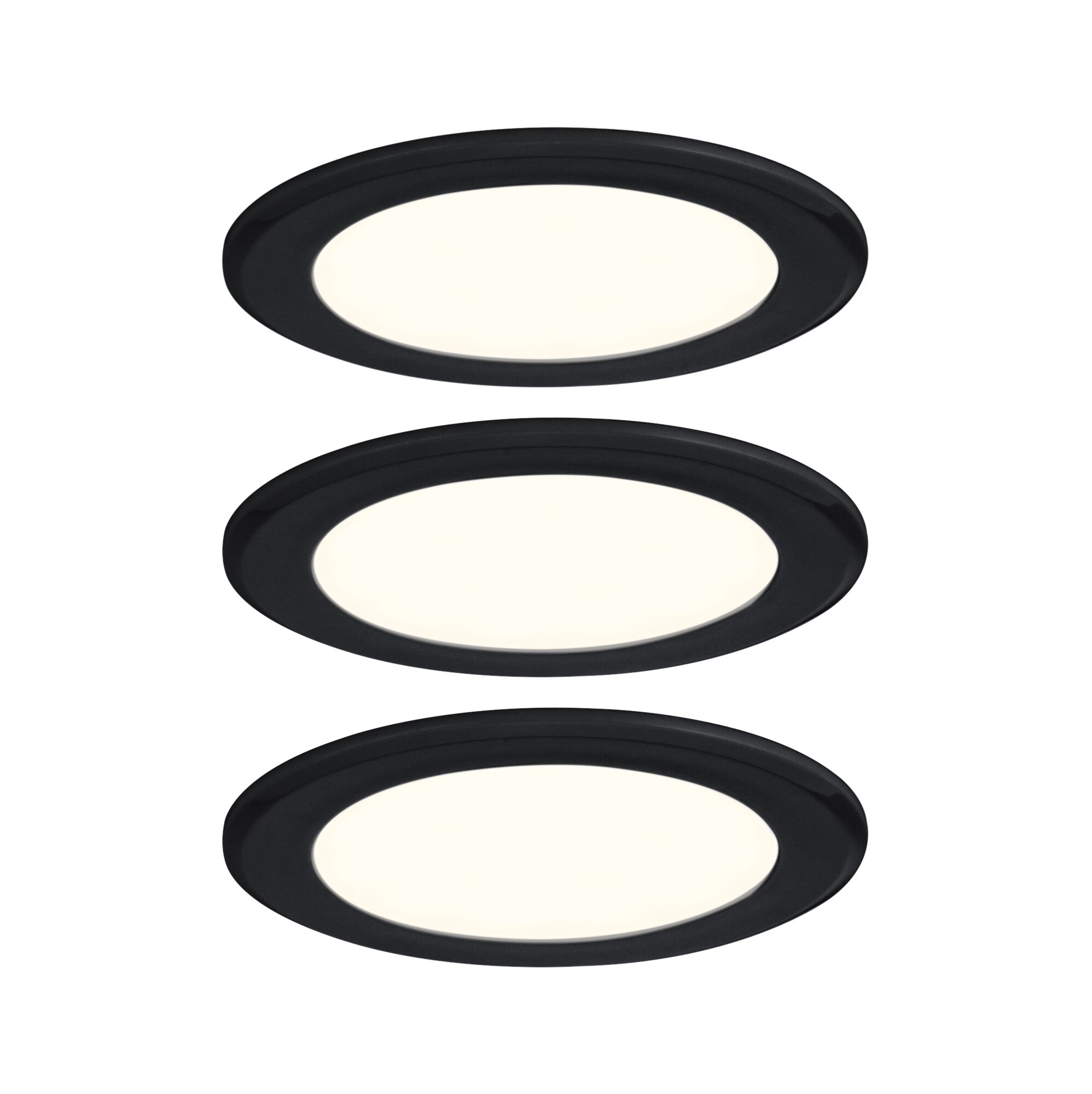 Trois spots encastrés LED ronds avec cadre noir et lumière blanc chaud pour éclairage intérieur moderne