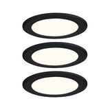 Trois spots encastrés LED ronds avec cadre noir et lumière blanc chaud pour éclairage intérieur moderne