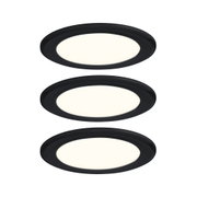 Drei runde LED-Einbaustrahler mit schwarzem Rahmen und warmweißem Licht für moderne Innenbeleuchtung