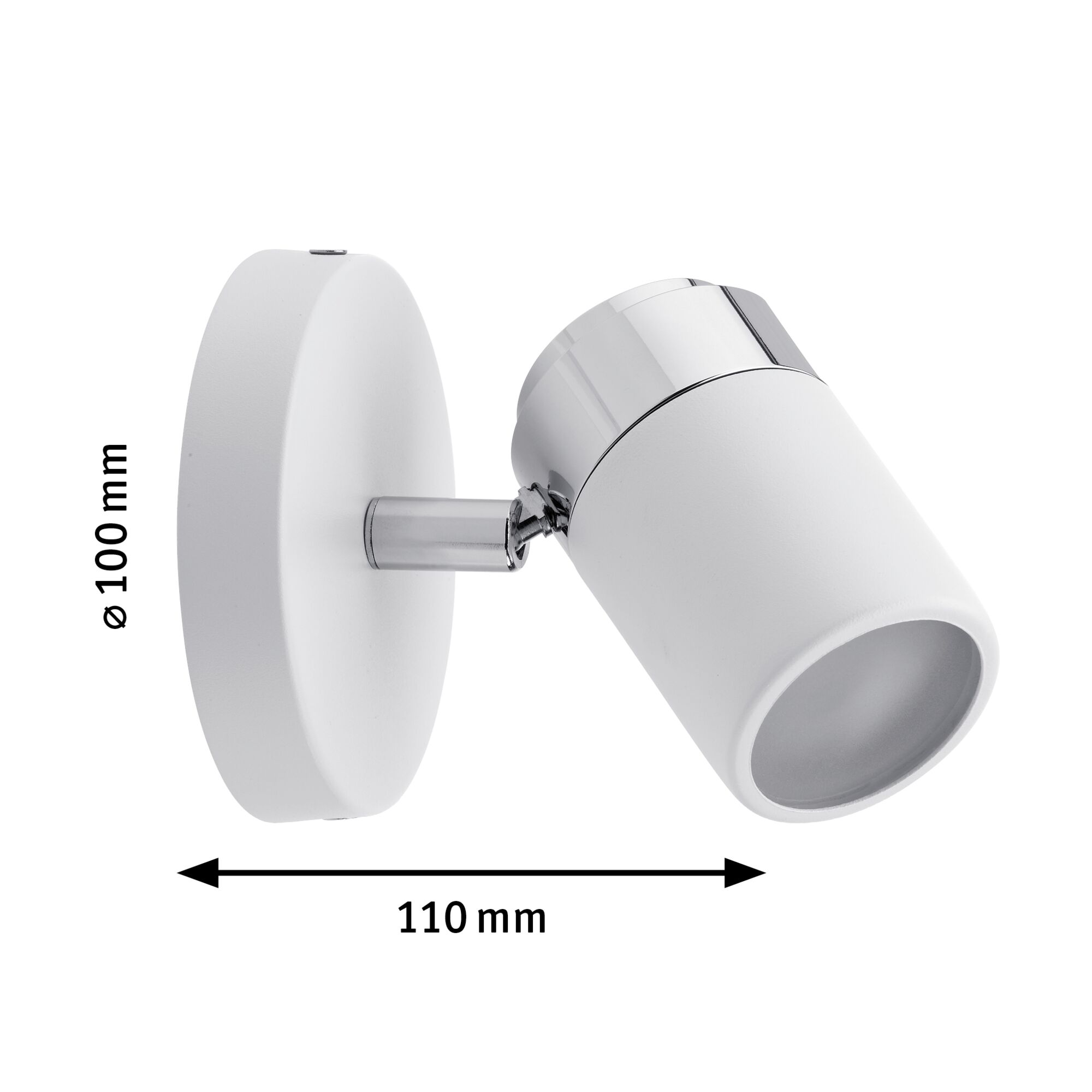 White metal LED wall spotlight with chrome detail, 110 mm length, 100 mm diameter