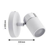 White metal LED wall spotlight with chrome detail, 110 mm length, 100 mm diameter