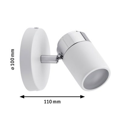 White metal LED wall spotlight with chrome detail, 110 mm length, 100 mm diameter