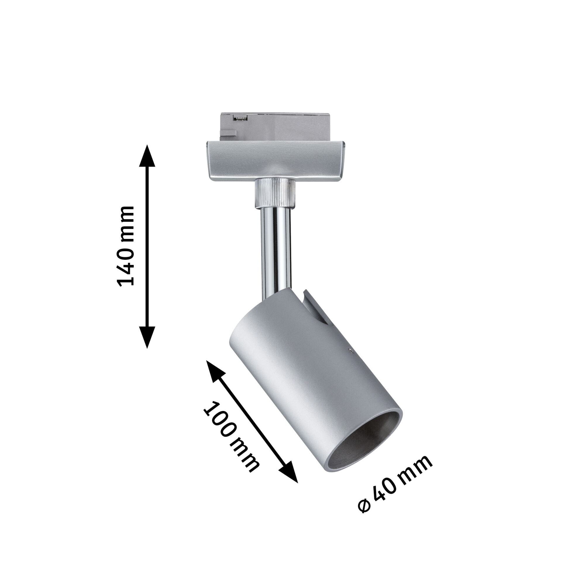 Silver metal LED spotlight with 140 mm height and 40 mm diameter for modern lighting solutions