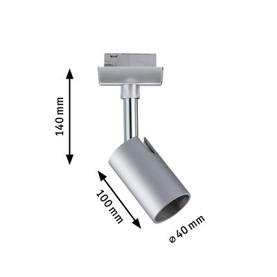 Silver metal LED spotlight with 140 mm height and 40 mm diameter for modern lighting solutions
