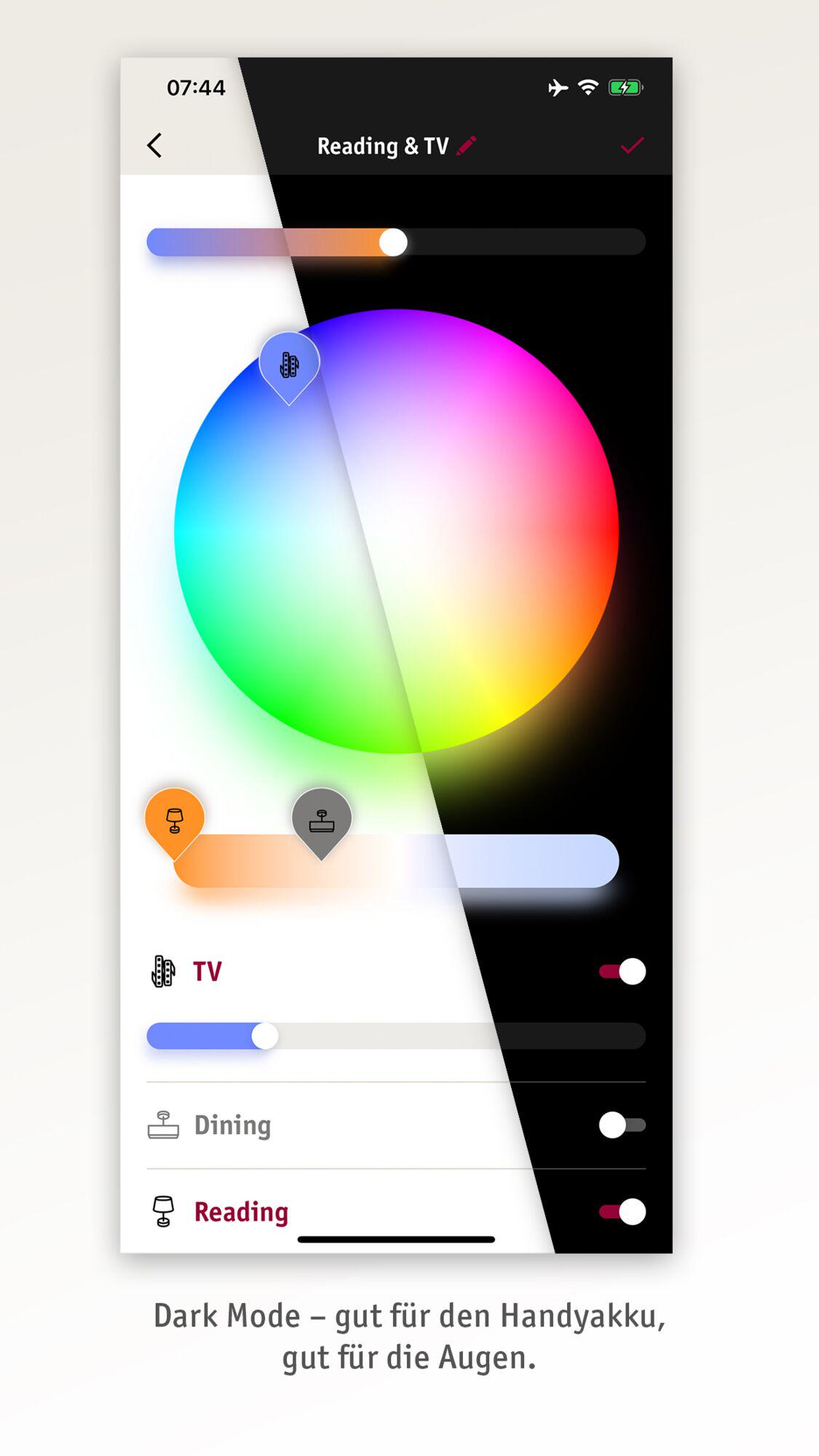 Smartphone app color wheel and brightness slider for light control in dark mode to protect eyes.