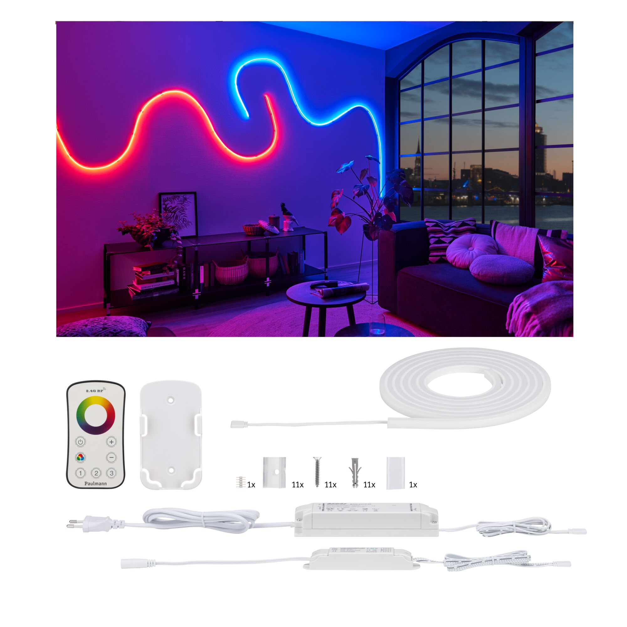 Flexible white LED light strip with remote and mounting kit for customizable room lighting effects.