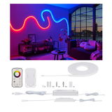 Flexible white LED light strip with remote and mounting kit for customizable room lighting effects.