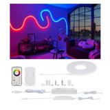 Flexible white LED light strip with remote and mounting kit for customizable room lighting effects.