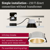 Recessed LED spotlight with white housing and gold reflector, 55 mm depth, simple 230 V direct connection without transformer