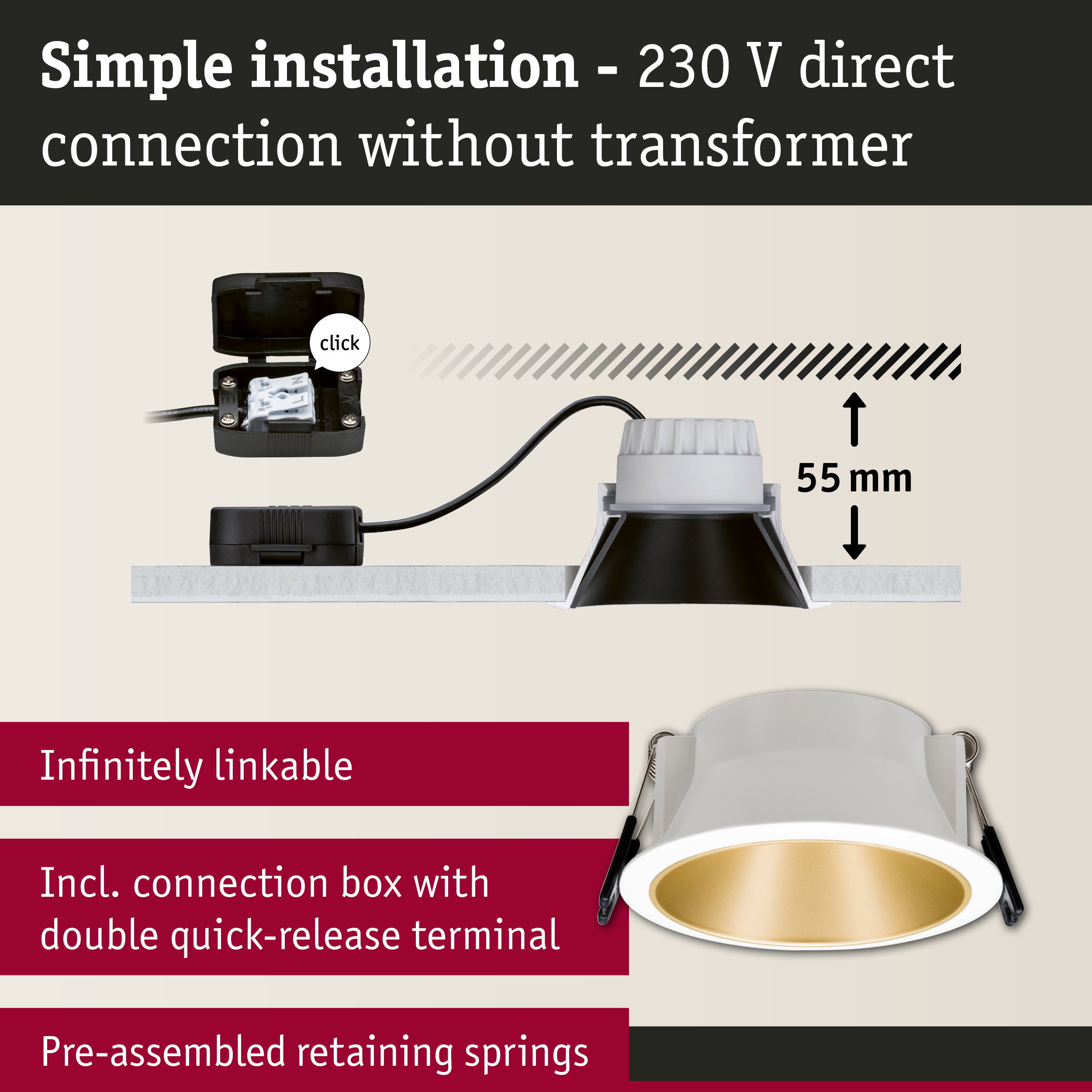 White recessed spotlight with gold interior and connection box for simple 230V direct installation