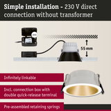 White recessed spotlight with gold interior and connection box for simple 230V direct installation