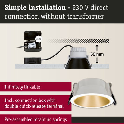 White recessed spotlight with gold interior and connection box for simple 230V direct installation