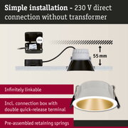 White recessed spotlight with gold interior and connection box for simple 230V direct installation