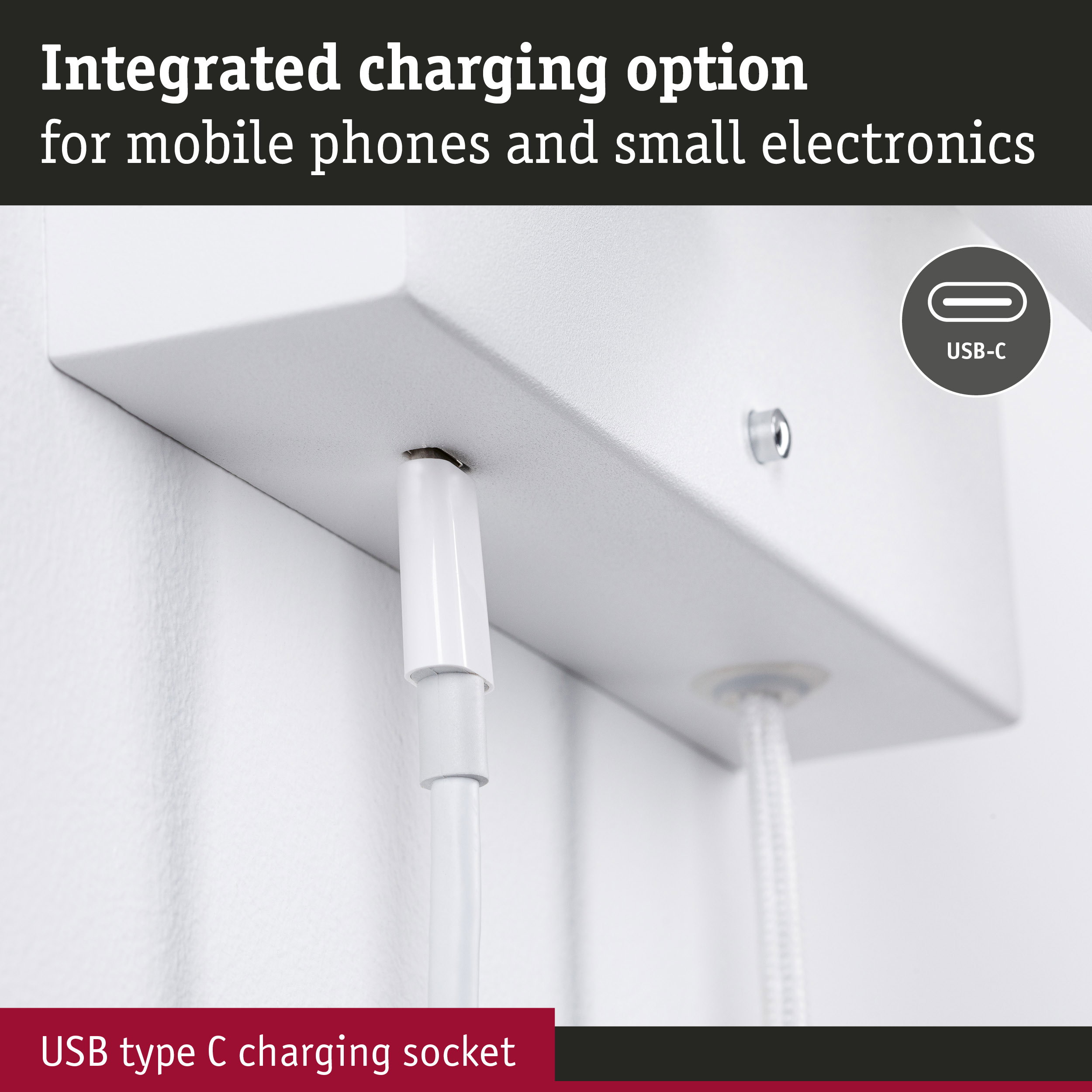 White USB type C charging socket with integrated charging option for mobile phones and small electronics