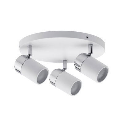 Plafonnier rond avec trois spots blancs réglables en métal pour un éclairage moderne