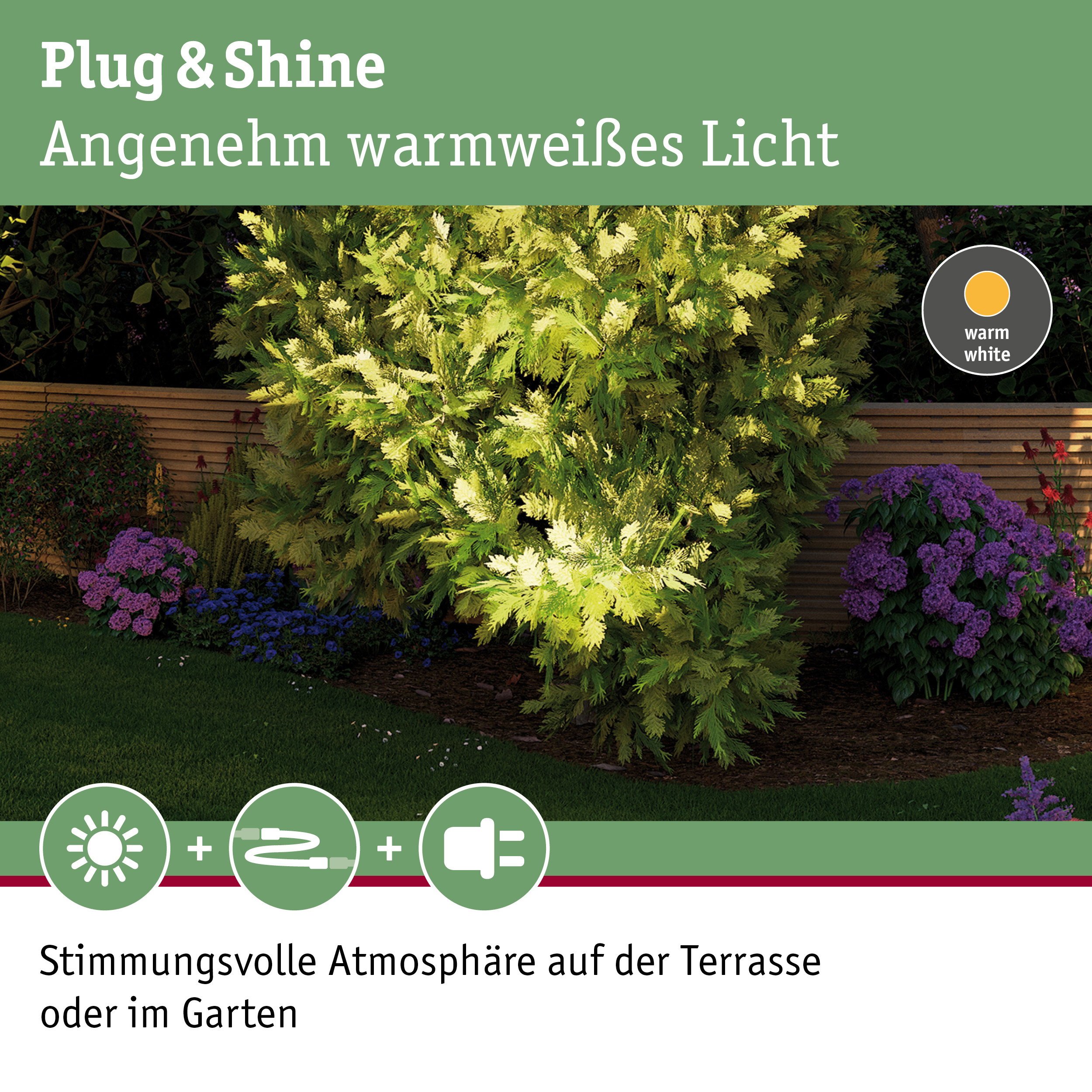 Grüner Garten mit warmweiß beleuchtetem Busch und lila Blumen für stimmungsvolle Außenbeleuchtung