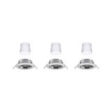 Three white LED modules with silver metal recessed frames for modern ceiling downlights
