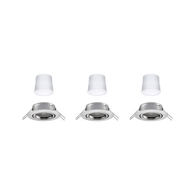 Three white LED modules with silver metal recessed frames for modern ceiling downlights