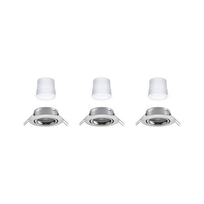 Drei weiße LED-Module mit silbernen Einbaurahmen aus Metall für moderne Deckeneinbauleuchten