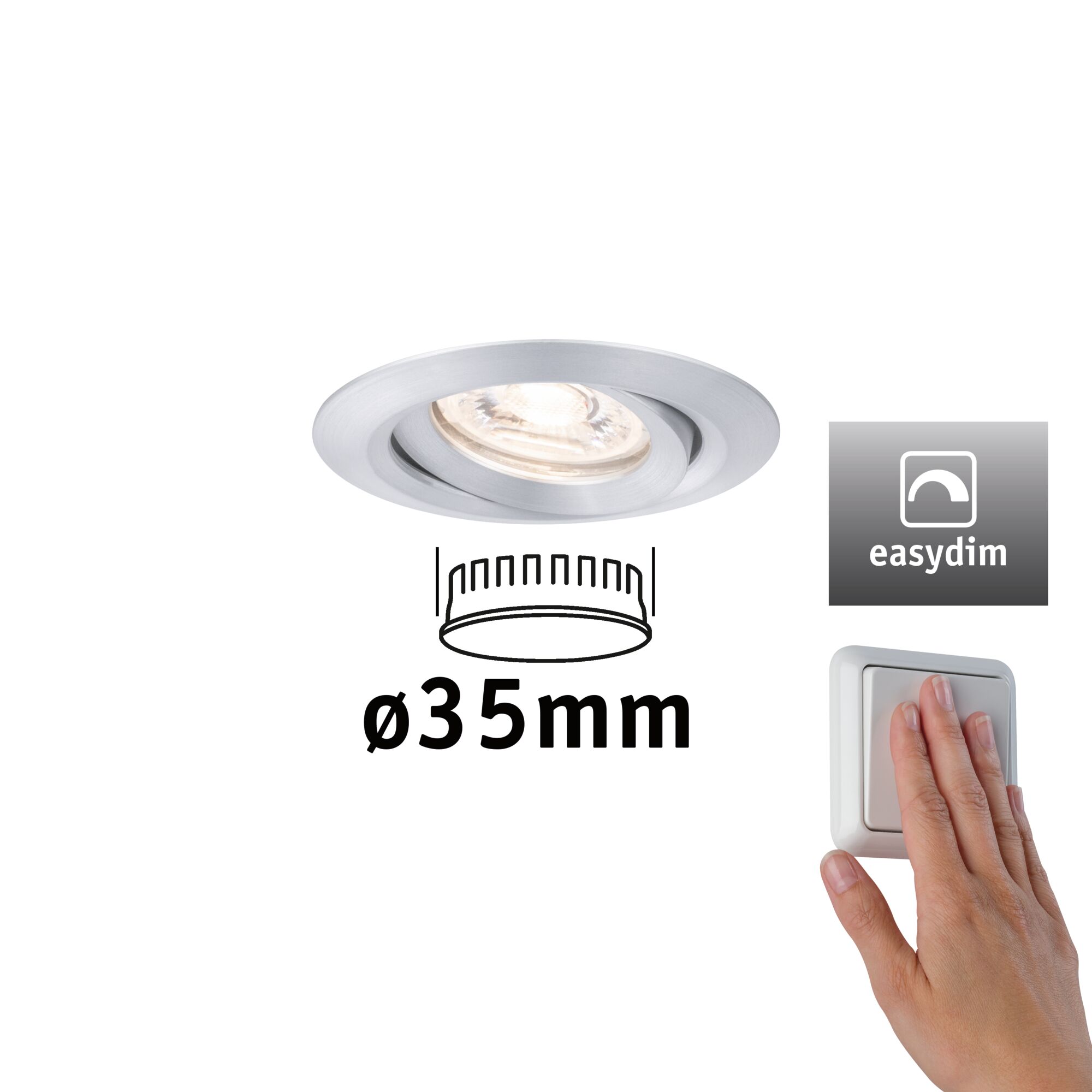 Spot encastré LED Easy Dim Nova Mini Plus Coin Luminaire individuel orientable rond 66mm 15° Coin 4,2W 300lm 230V gradable 2700K Alu Spot encastré rond en aluminium brossé argenté de 35 mm de diamètre avec interrupteur variateur