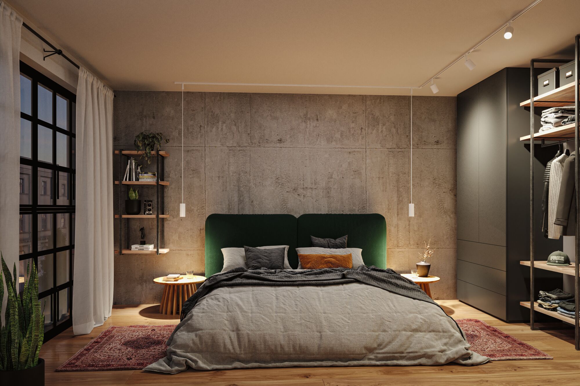 Modern bedroom with green fabric headboard, concrete wall, warm wooden floor and ambient lighting