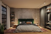 Modernes Schlafzimmer mit grünem Stoff-Kopfteil, Betonwand und warmem Holzfußboden, inklusive Beleuchtung