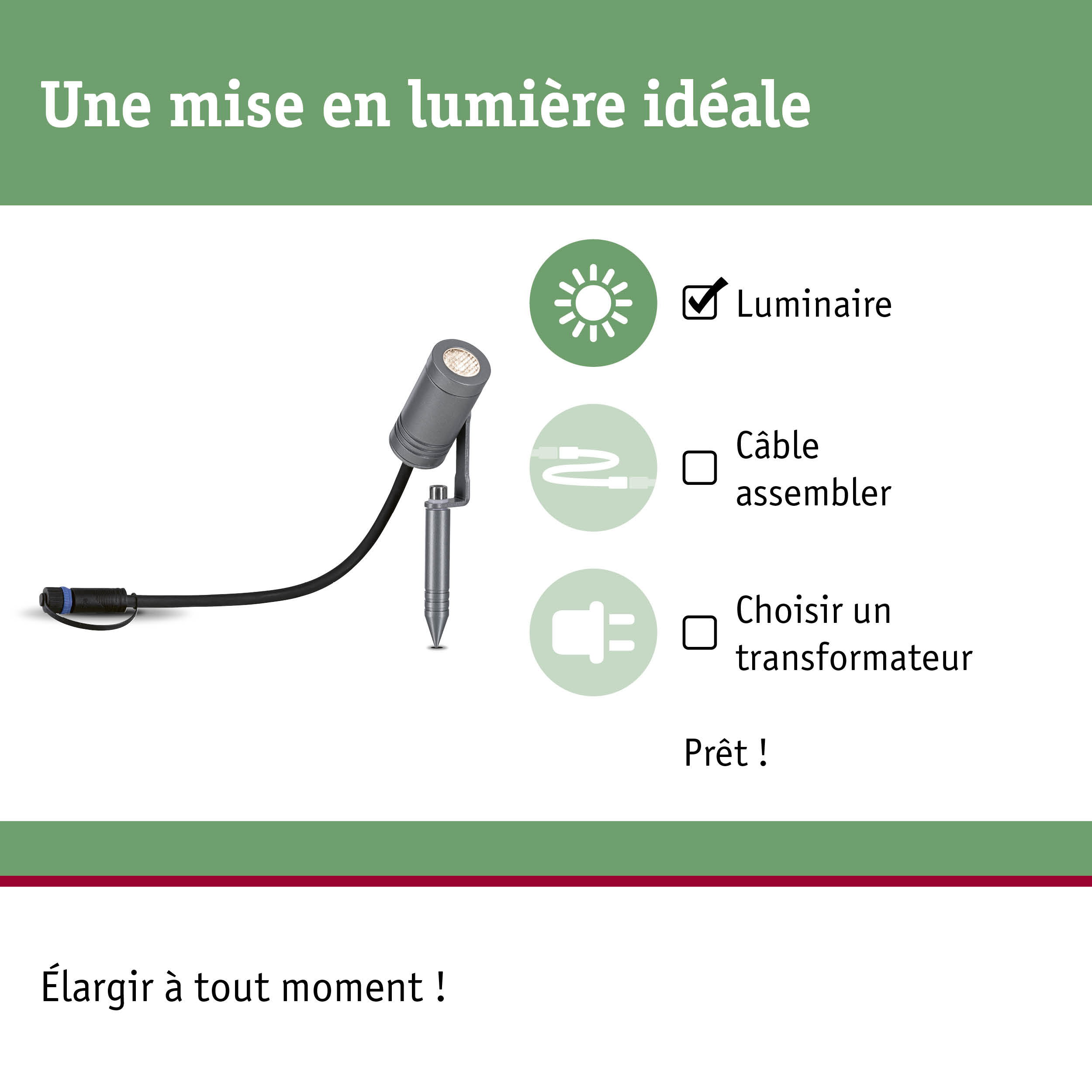 Spot LED extérieur gris avec piquet de terre et câble pour éclairage de jardin