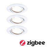 Three white recessed spotlights with adjustable heads and Zigbee smart lighting feature.