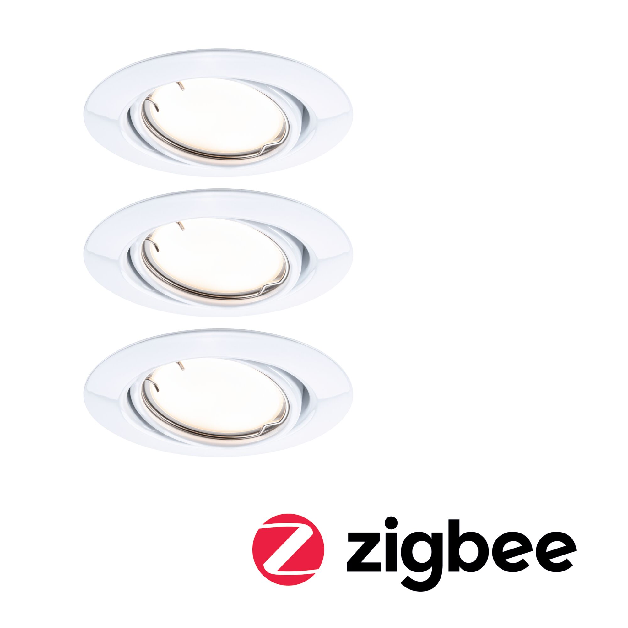 Trois spots encastrés blancs orientables avec fonction d’éclairage intelligent Zigbee.