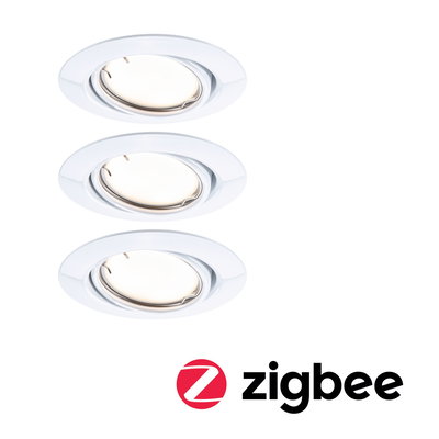Three white recessed spotlights with adjustable heads and Zigbee smart lighting feature.