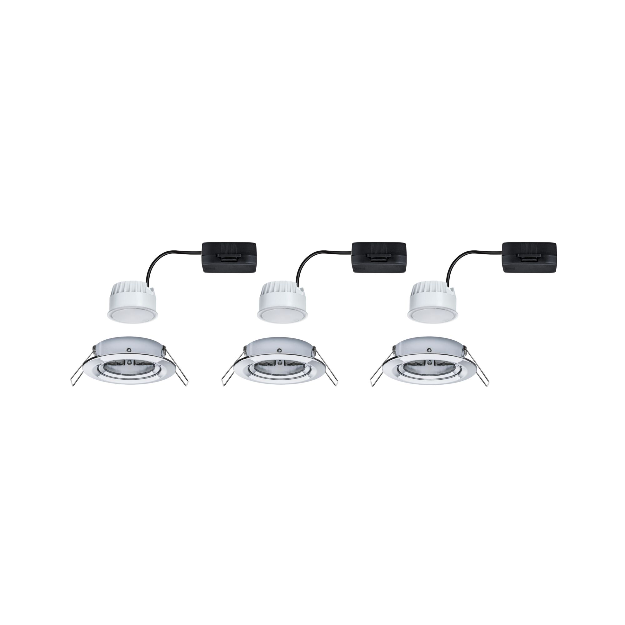 Drie witte LED-inbouwspots met zwarte aansluitkabel en metalen clips voor plafondmontage.