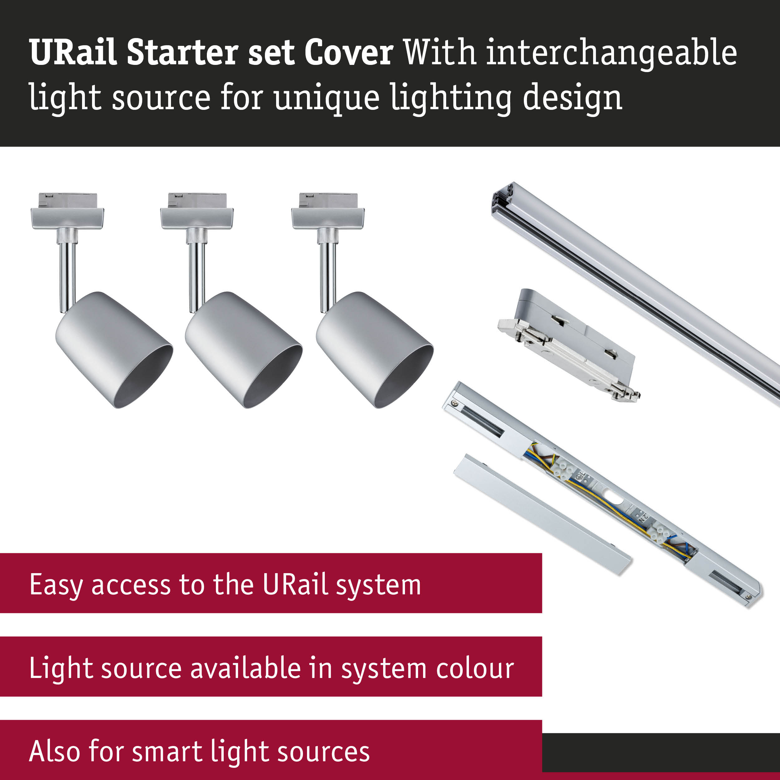 URail Starter set with silver aluminium spotlights and rails for flexible lighting design