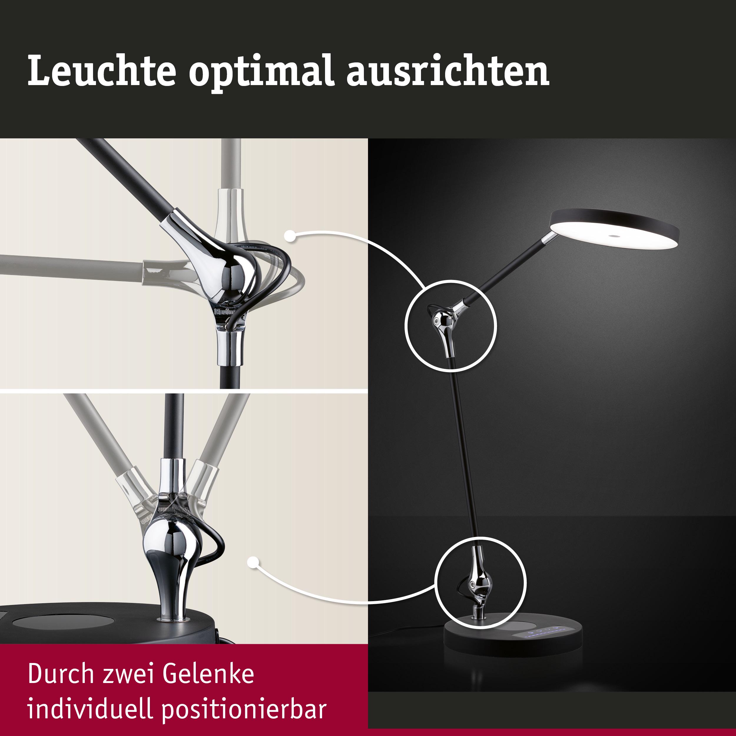Schwarze LED-Schreibtischlampe mit zwei verstellbaren Gelenken und runder Leuchtfläche für flexible Beleuchtung