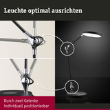 Schwarze LED-Schreibtischlampe mit zwei verstellbaren Gelenken und runder Leuchtfläche für flexible Beleuchtung