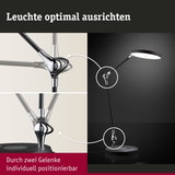 Schwarze LED-Schreibtischlampe mit zwei verstellbaren Gelenken und runder Leuchtfläche für flexible Beleuchtung