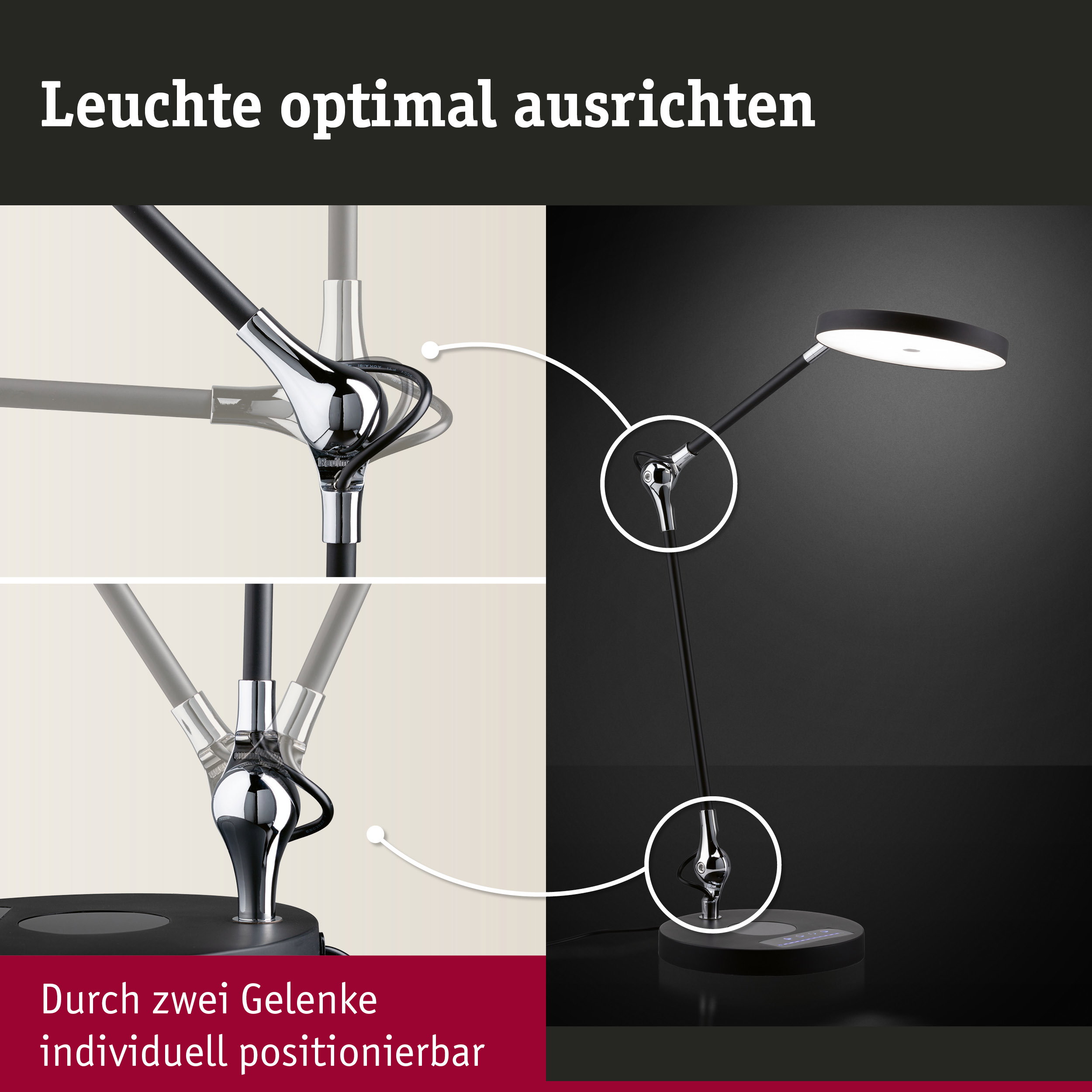 Schwarze LED-Schreibtischlampe mit verchromtem Gelenk für flexible Ausrichtung und moderne Beleuchtung