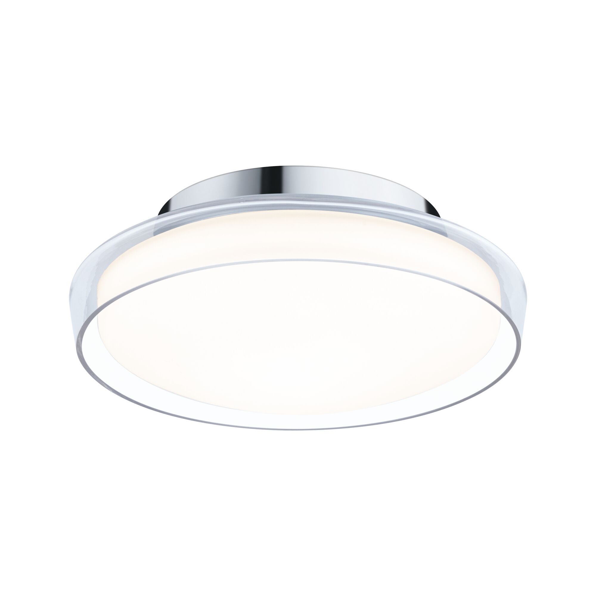 Ronde LED-plafondlamp met chromen rand en wit acrylglas voor moderne verlichting