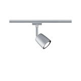 Modern silver metal LED spotlight on track system for flexible room lighting solutions